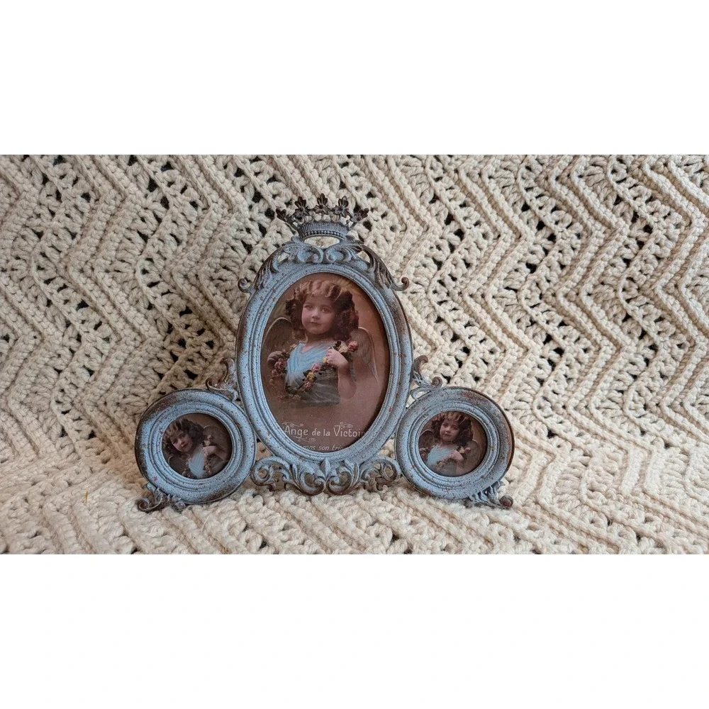 Vintage Style Ornate Crown Triptych Photo Frame Blue Distressed 3-Way Tabletop